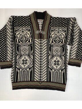 Vintage ODA of Norway Women L Nordic Wool Cardigan Black White Pewter Clasps